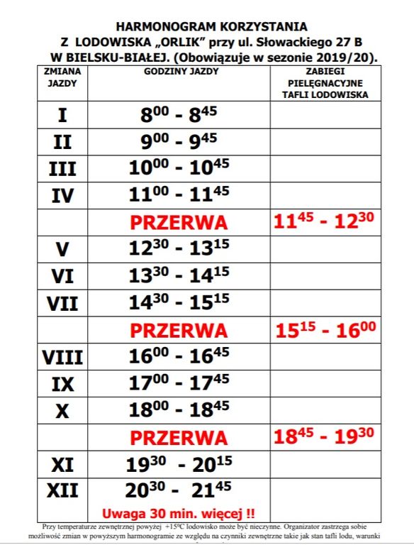 Harmonogram lodowisko